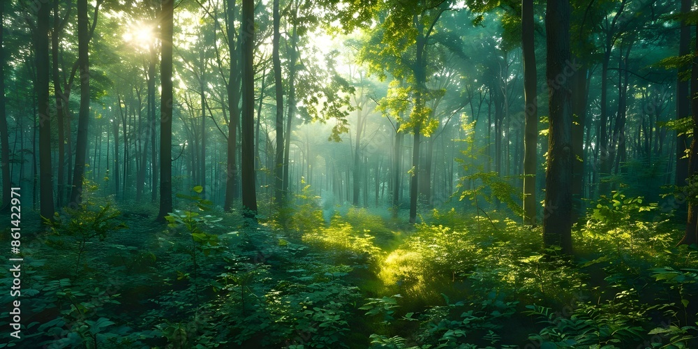 Fototapeta premium Picture serene forest clearing at dawn as first light breaks through night. Concept Nature Photography, Sunrise Scenes, Tranquil Landscapes