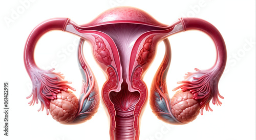 Detailed anatomical illustration of the female reproductive system, showcasing the uterus, fallopian tubes, and ovaries. photo