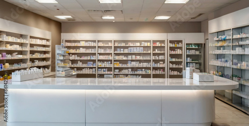 Blurred Drugstore Background, Modern pharmacy store, Counter top with blurred pharmacy shop background, copy space