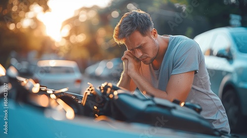 A person leans on a car with an open hood at sunset, appearing worried. The image captures a breakdown scenario with cars and a beautiful evening light in the background. photo