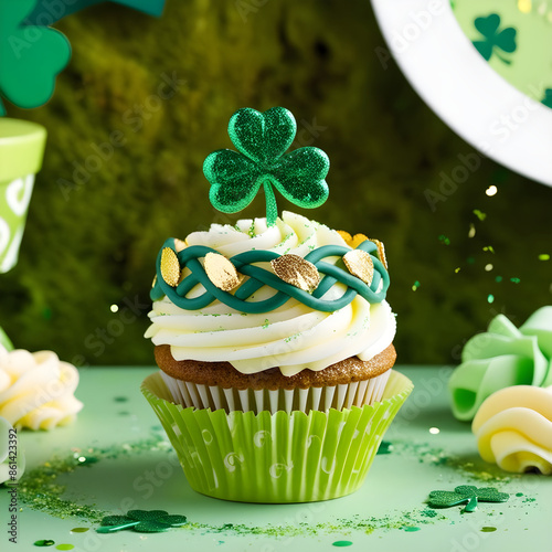 Decorated cupcake on green background, space for text. St. Patrick's Day celebration

 photo