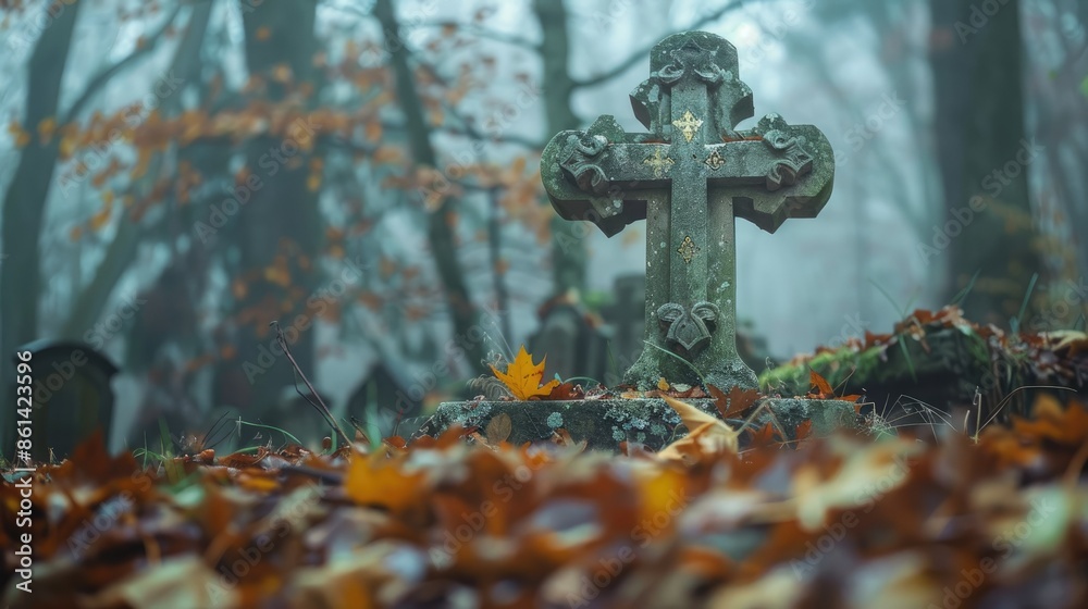 A cross-shaped gravestone in an old cemetery surrounded by autumn leaves, with a misty atmosphere conveying a sense of solemnity