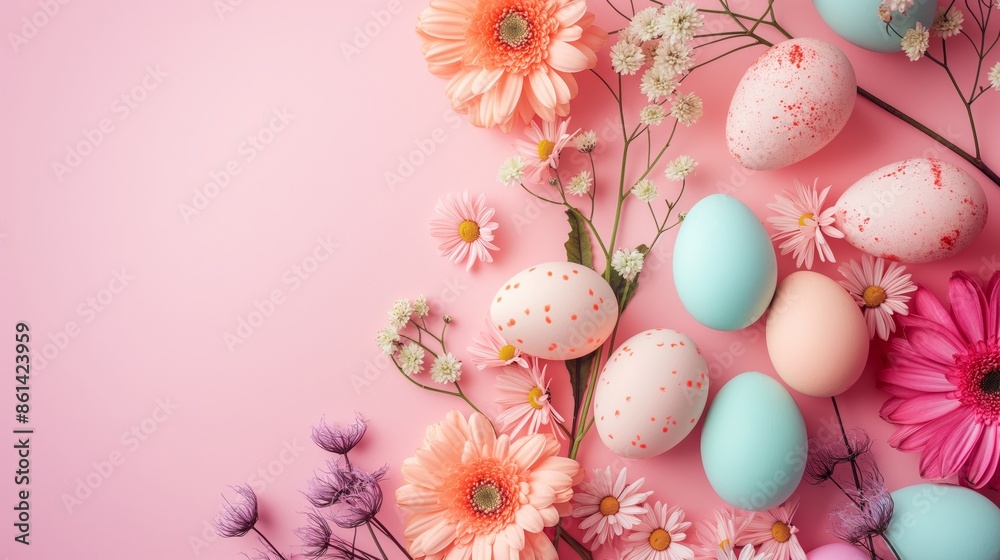 A collection of colorful Easter eggs rests amid a vibrant arrangement of blooming spring flowers on a soft pink background, showcasing nature’s beauty. A collection of colorful Easter eggs rests amid a vibrant arrangement of blooming spring flowers on a soft pink background, showcasing nature’s beauty.