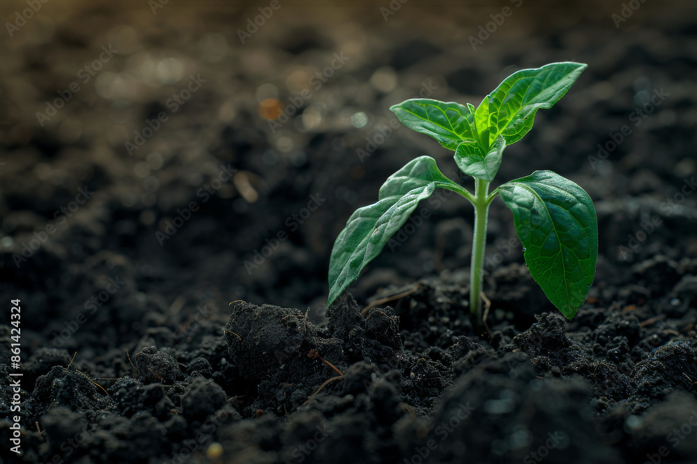 close up horizontal image of a small plant growing from a dark soil, copy space close up horizontal image of a small plant growing from a dark soil, copy space