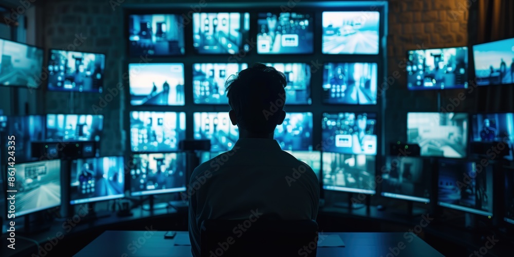 Man Monitoring Multiple Screens in Control Room Man Monitoring Multiple Screens in Control Room