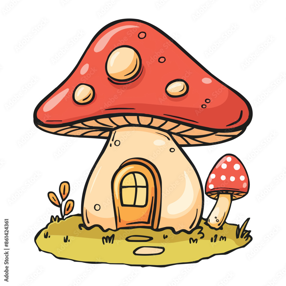 vector Cartoon Kawaii Mushroom House isolated on white solid background