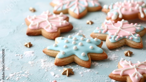 Festive holiday cookies with tree and star shaped icing decorations in close up shot