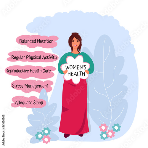 Woman with a flower and clouds with five essentials for health. Women's health concept.