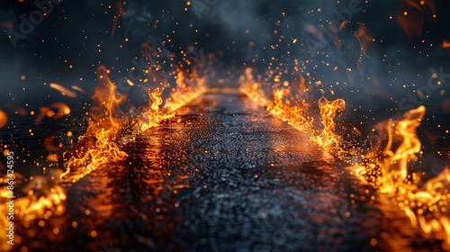 Intense fire close up on road with sparks