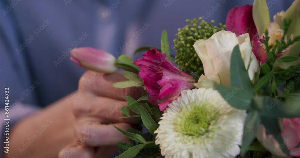 Female florist's hands remove extra petals from bud of flower. Close-up of basket full of spring pink flowers. Vertical video format Female florist's hands remove extra petals from bud of flower. Close-up of basket full of spring pink flowers. Vertical video format