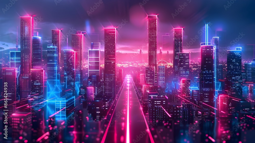 Futuristic Neon Lit Cityscape with Electric Currents Pulsing Through the Towering Skyscrapers