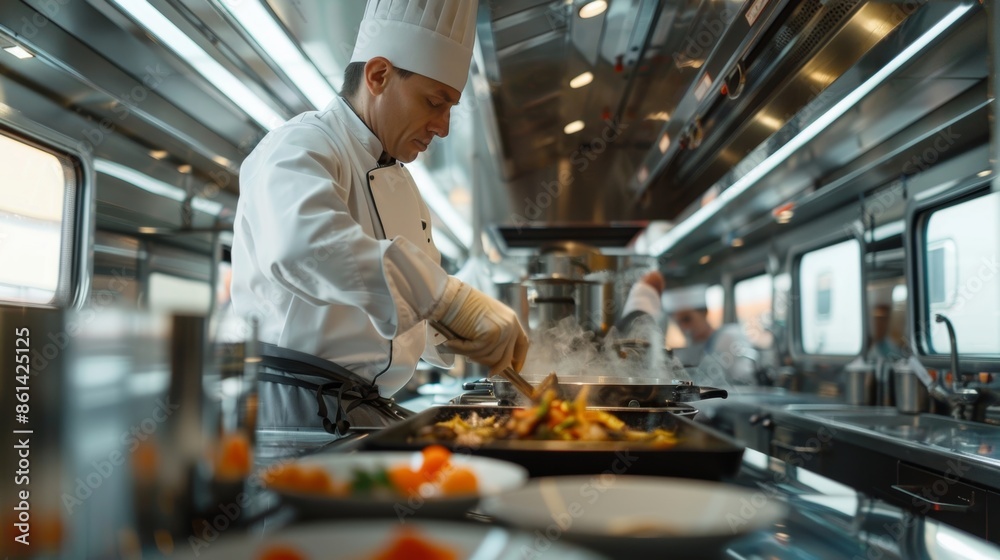 A chef preparing a delicious dish in the open kitchen of the train. A chef preparing a delicious dish in the open kitchen of the train.