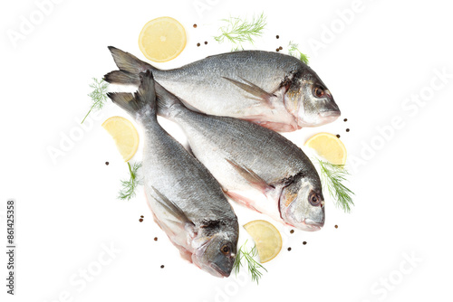Top view of three cleaned dorado fish with lemon, pepper and dill on a white background.