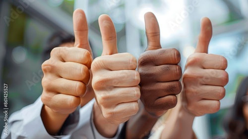 The image features a group of hands giving a thumbs-up gesture, each from different individuals, in a bright setting, depicting a spirit of collaboration and collective approval.