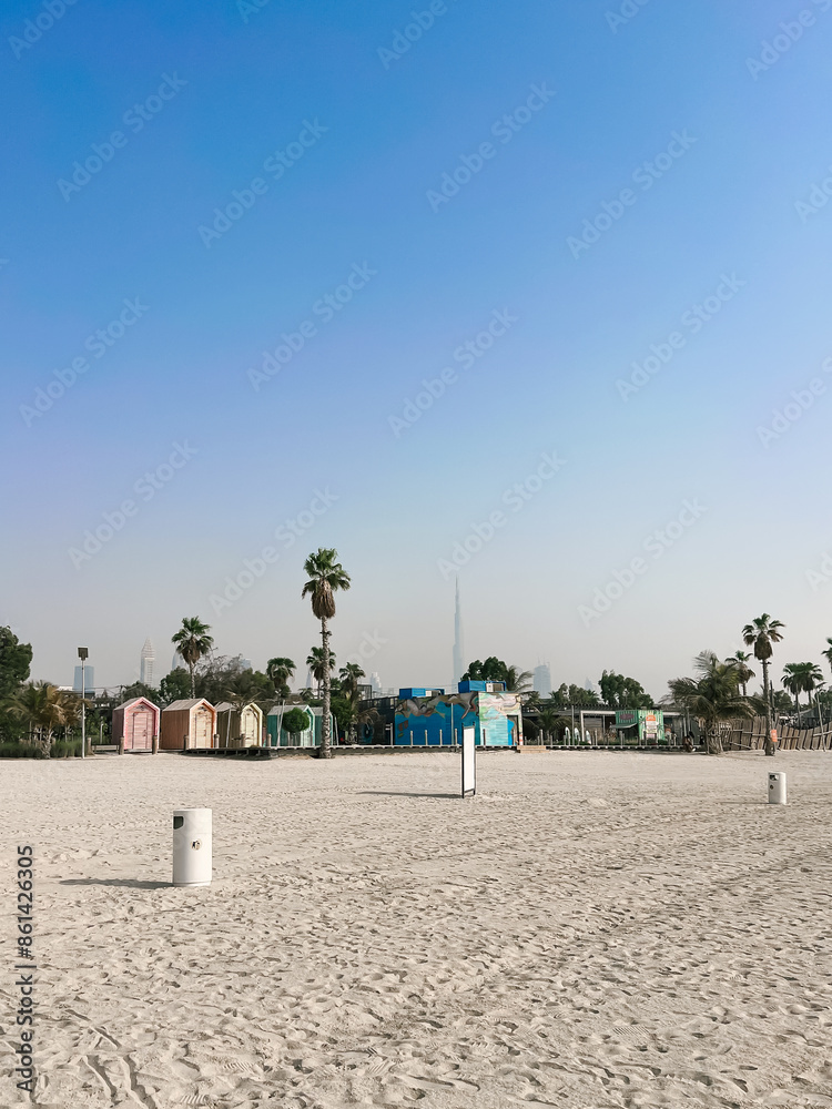 Beautiful atmospheric beach Beach overlooking the city of La Mer in Dubai, 2024