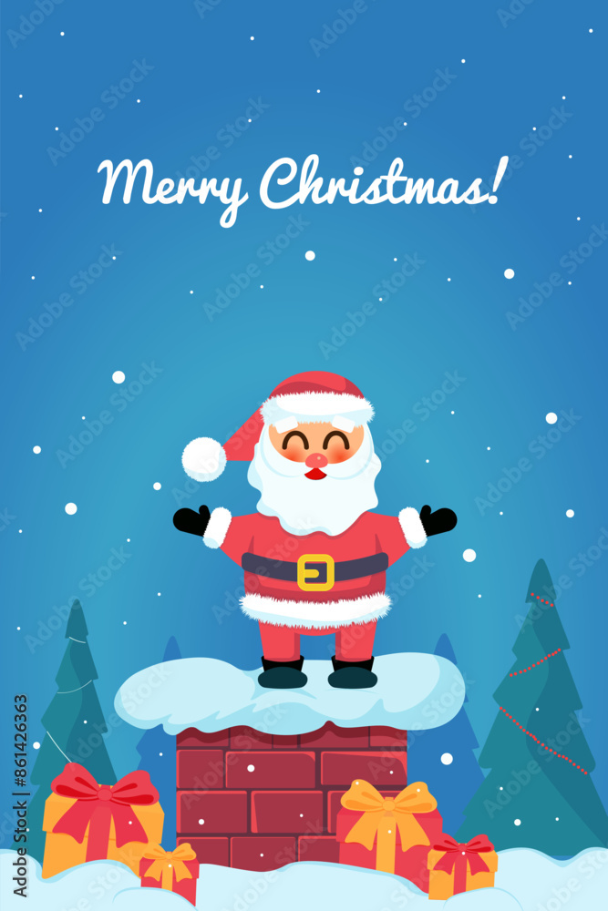 Christmas and Happy New Year card with cute Santa Claus. illustration cute smiling Santa Claus standing on a chimney, colourful wrapped gifts lying around in the snow, flat style Christmas and Happy New Year card with cute Santa Claus. illustration cute smiling Santa Claus standing on a chimney, colourful wrapped gifts lying around in the snow, flat style