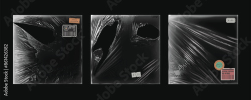 Torn vinyl cd album cover overlay for music record on black background. Vintage worn plastic wrap package design mockup. Transparent retro abstract tear disk pack template set. Rough poster border