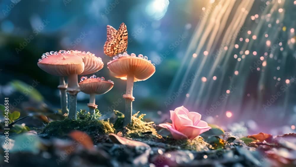 Magical fantasy mushrooms and butterfly in enchanted fairy tale dreamy ...