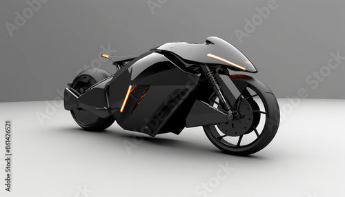 Sleek and futuristic black motorcycle with angular design and orange accents, set against a minimalist gray background, evoking speed and modern innovation photo