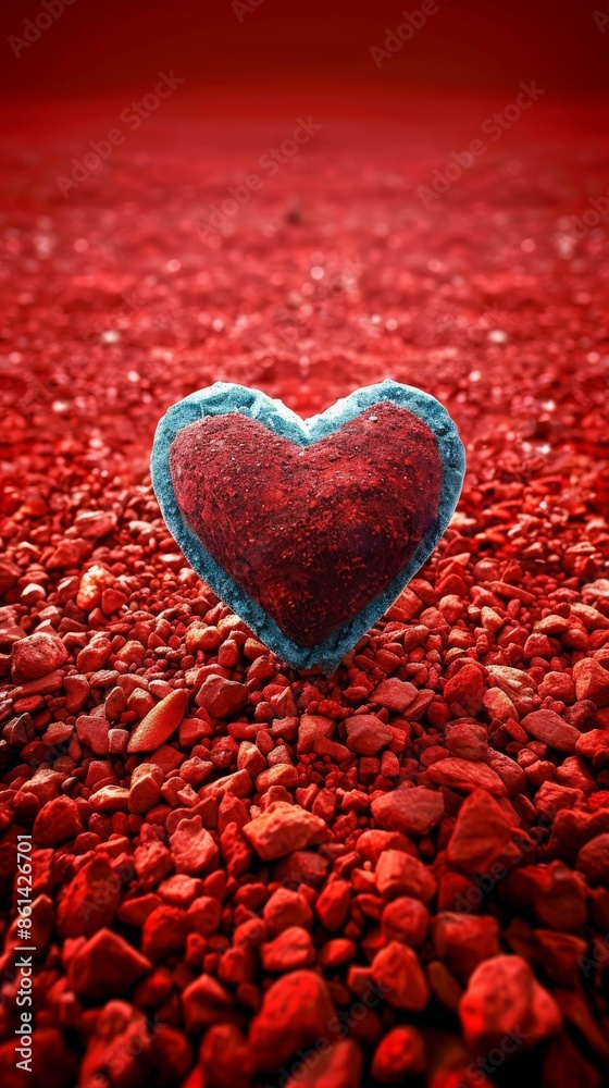 Fototapeta premium Blue heart on red gravel, vibrant and contrasting, symbolizing love and resilience, detailed photography