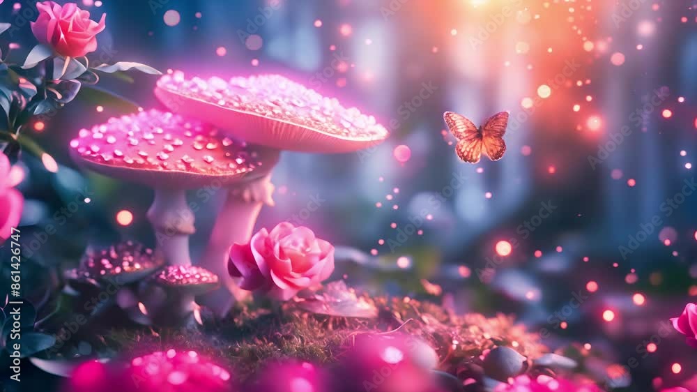 Magical fantasy mushrooms and butterfly in enchanted fairy tale dreamy ...