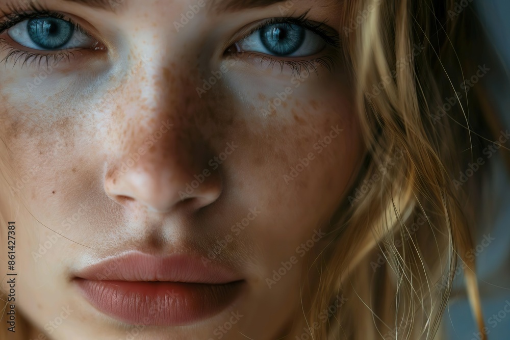 Close-Up Portrait of Woman with Freckles and Blue Eyes. Generative AI Close-Up Portrait of Woman with Freckles and Blue Eyes. Generative AI