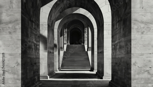 Monochrome arched corridor leading into darkness, showcasing dramatic shadows and architectural beauty © Steven