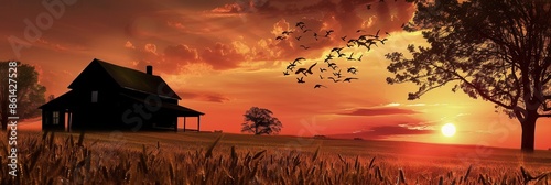 A rustic farmhouse silhouetted against a vibrant sunset sky, creating a serene scene perfect for agritourism. Generative AI