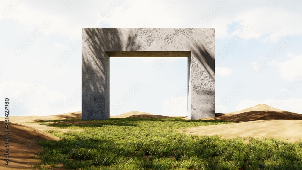 Fantasy world, futuristic fantasy image. 3d render of surreal landscape with water and colorful sand. Podium, display on the background of abstract glass, mirror shapes and objects.