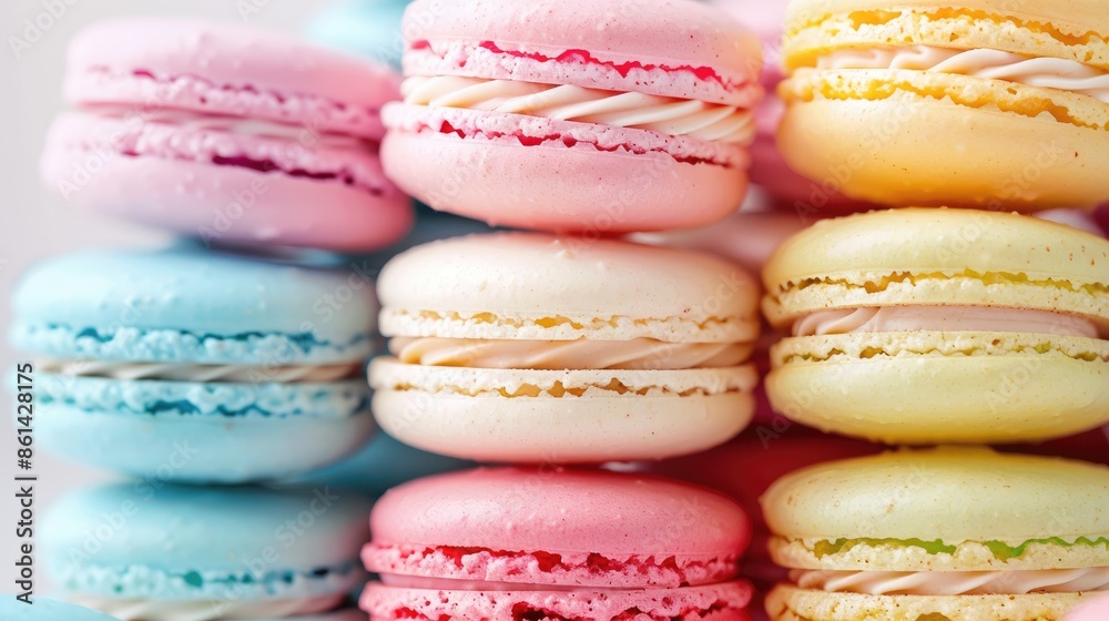 A close-up of colorful macarons stacked in a neat pile on a white background, showcasing their vibrant colors and delicate texture. A close-up of colorful macarons stacked in a neat pile on a white background, showcasing their vibrant colors and delicate texture.