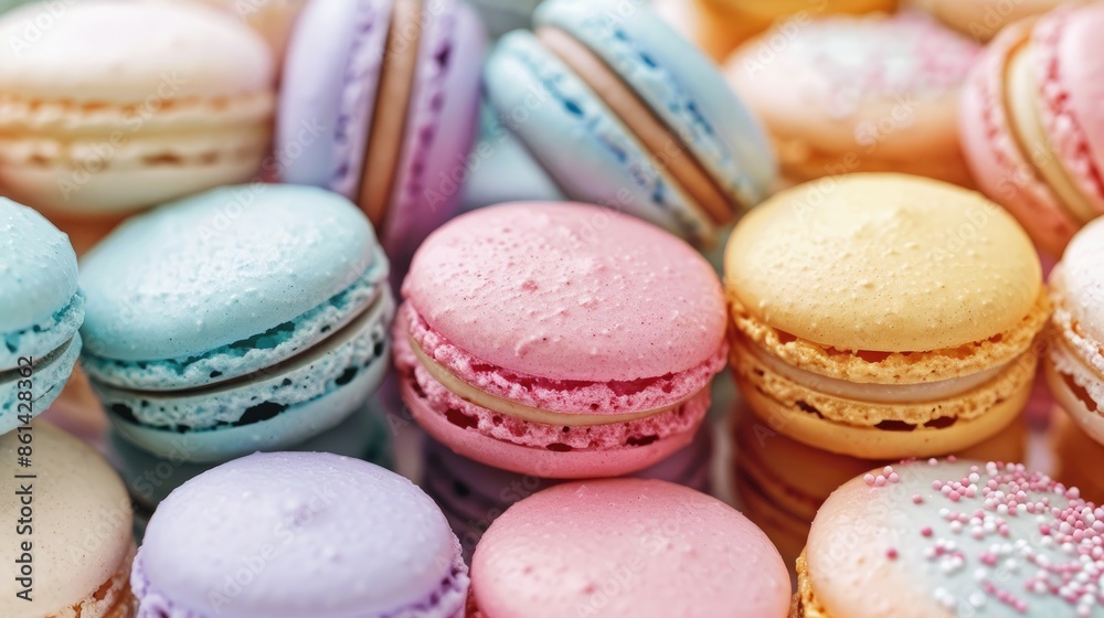 Fototapeta premium A close-up of colorful macarons stacked in a neat pile on a white background, showcasing their vibrant colors and delicate texture.