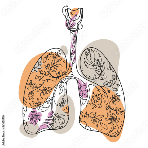 WHuman lungs with flowers and plants inside. Linear drawing with colored organic flying blobs. Healthy lungs. Abstract art poster, emblem, print design. Vector illustration