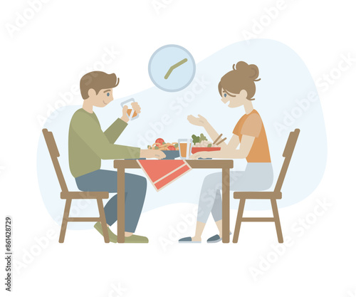 The couple is having lunch at home.