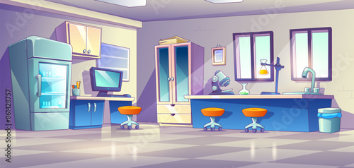 Chemical laboratory interior. Contemporary vector cartoon illustration of modern scientific lab with equipment, color liquid in glass tubes, microscope and computer on desk, daylight in windows