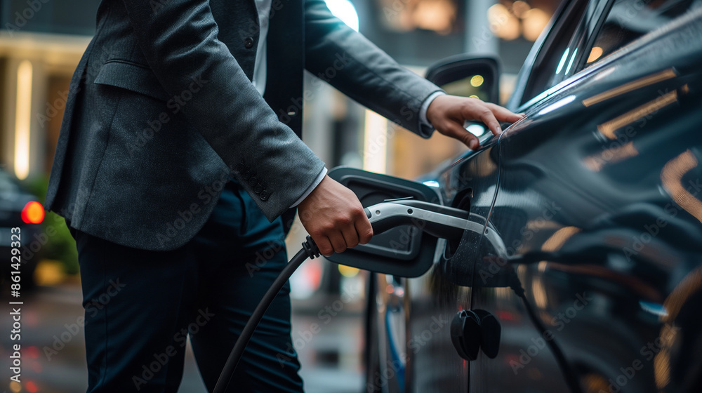 Close up of business man plugging power cable into hybrid car at charging station. Using natural light. Close up of business man plugging power cable into hybrid car at charging station. Using natural light.
