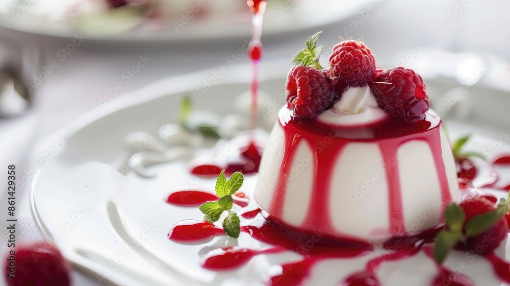 A close-up of panna cotta with a raspberry coulis, served on a fancy dessert plate with decorative elements. A close-up of panna cotta with a raspberry coulis, served on a fancy dessert plate with decorative elements.
