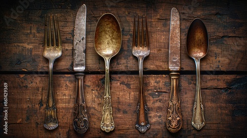 Spoon, fork and knife on wooden table 