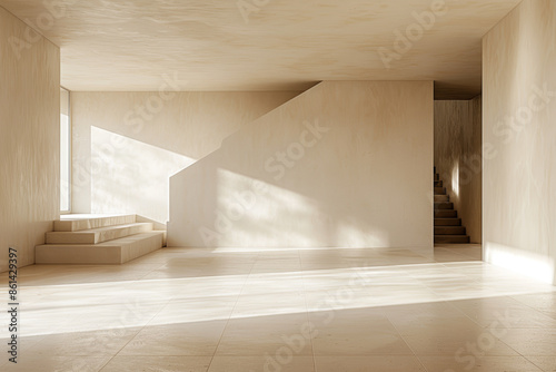 Minimalist Room with Stairs and Sunlight on Smooth Ivory Floor © smth.design