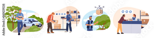 Postal delivery service. Post office. Sending, receiving and processing parcels and letters. Drone carrying cardboard box. Courier in uniform. Correspondence shipping. Garish vector set