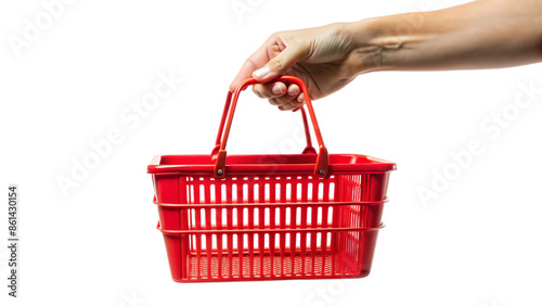 A hand grips a shopping basket, ready to gather groceries or browse a store