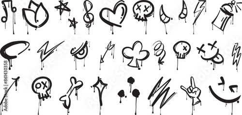 Collection of graffiti icons Featuring flower,star, varrow,hear,skull and Other Creepy Elements with Dripping Effects