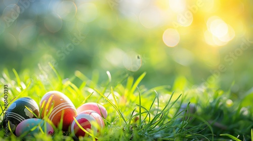 A picturesque scene of decorated Easter eggs nestled in green grass, highlighted by beautiful bokeh lights, symbolizing renewal and festive cheer. photo