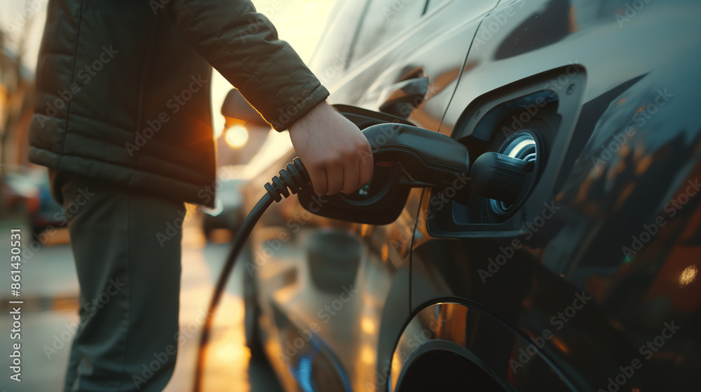 Close up of man plugging power cable into hybrid car at charging station. Using natural light. Close up of man plugging power cable into hybrid car at charging station. Using natural light.