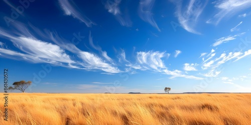 Scenic Australian Outback Grasslands with Wide Open Skies and Scattered Trees. Concept Australia, Outback, Grasslands, Wide Open Skies, Scattered Trees