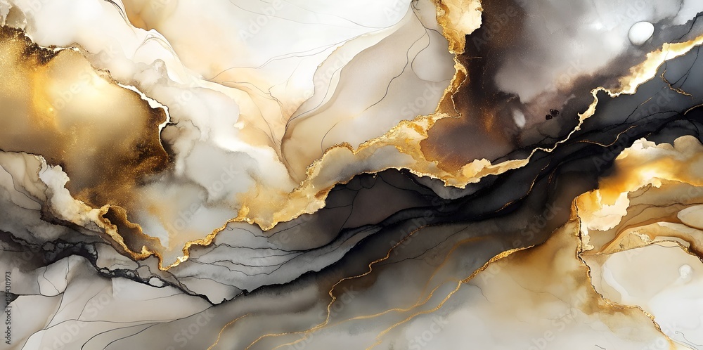 Fototapeta premium Abstract art featuring swirls of golden ink on a black and white background