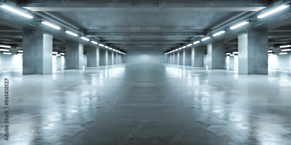 Bright lights illuminate empty underground parking garage creating modern spacious urban environment. Concept Urban Spaces, Industrial Aesthetics, Modern Architecture, Underground Parking Bright lights illuminate empty underground parking garage creating modern spacious urban environment. Concept Urban Spaces, Industrial Aesthetics, Modern Architecture, Underground Parking