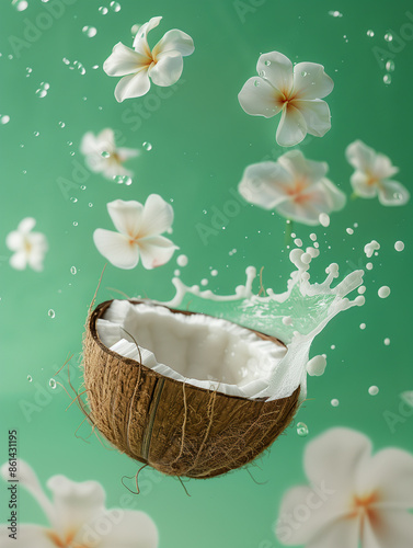 Half of a fresh tropical coconut and lots of white tropical plumeria flowers levitate on a light green background. Splash and drops of coconut milk. 