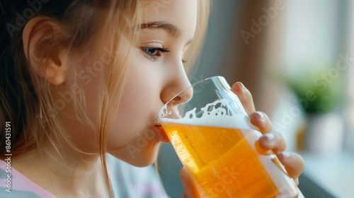 Small girl tasting beer, underage drinking problem photo