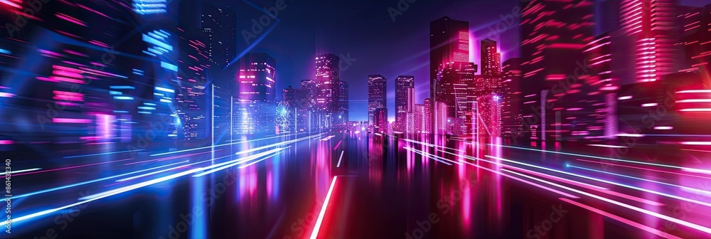Abstract futuristic background with neon light streaks and glow, speed motion lines in dark space. Glowing lights with blue red colors. Abstract city night view․ Abstract futuristic background with neon light streaks and glow, speed motion lines in dark space. Glowing lights with blue red colors. Abstract city night view․