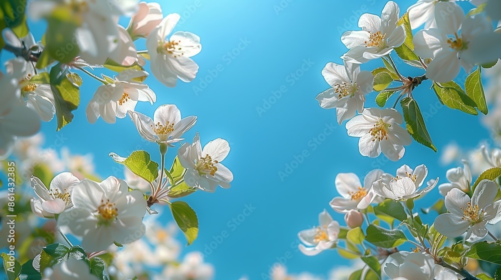 White Apple Blossoms Blooming Against a Bright Blue Sky